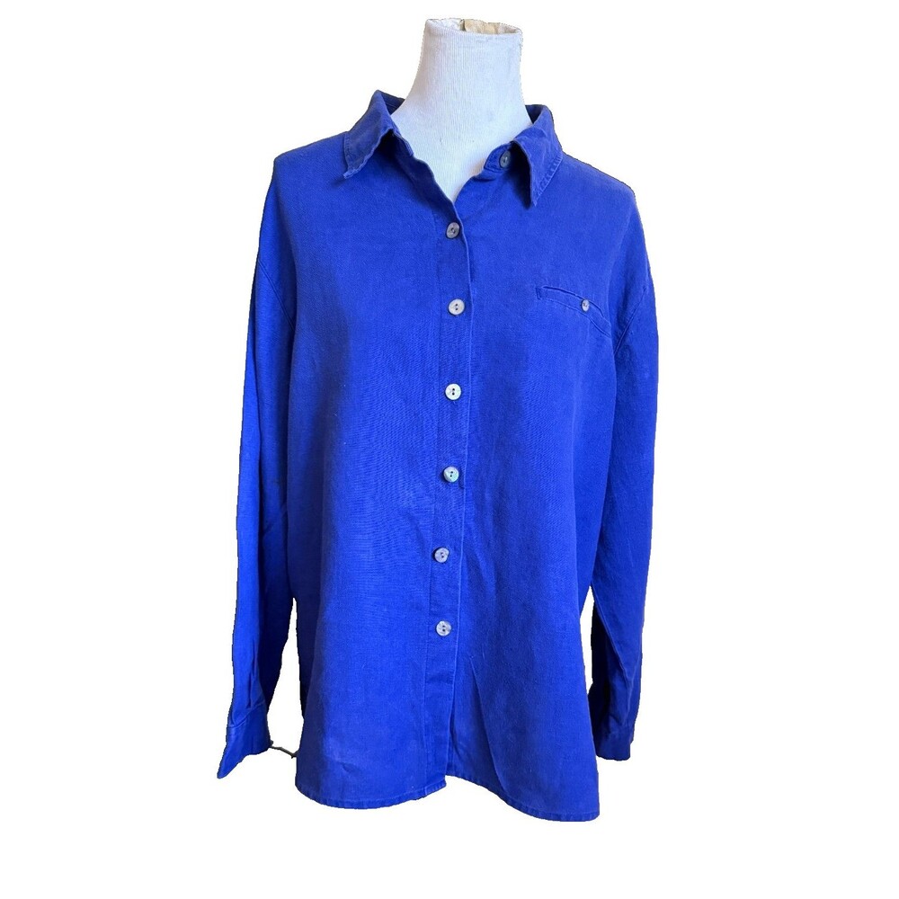 Chicos Royal Blue 100% Linen Button Down Long Sleeve Shirt Size 3